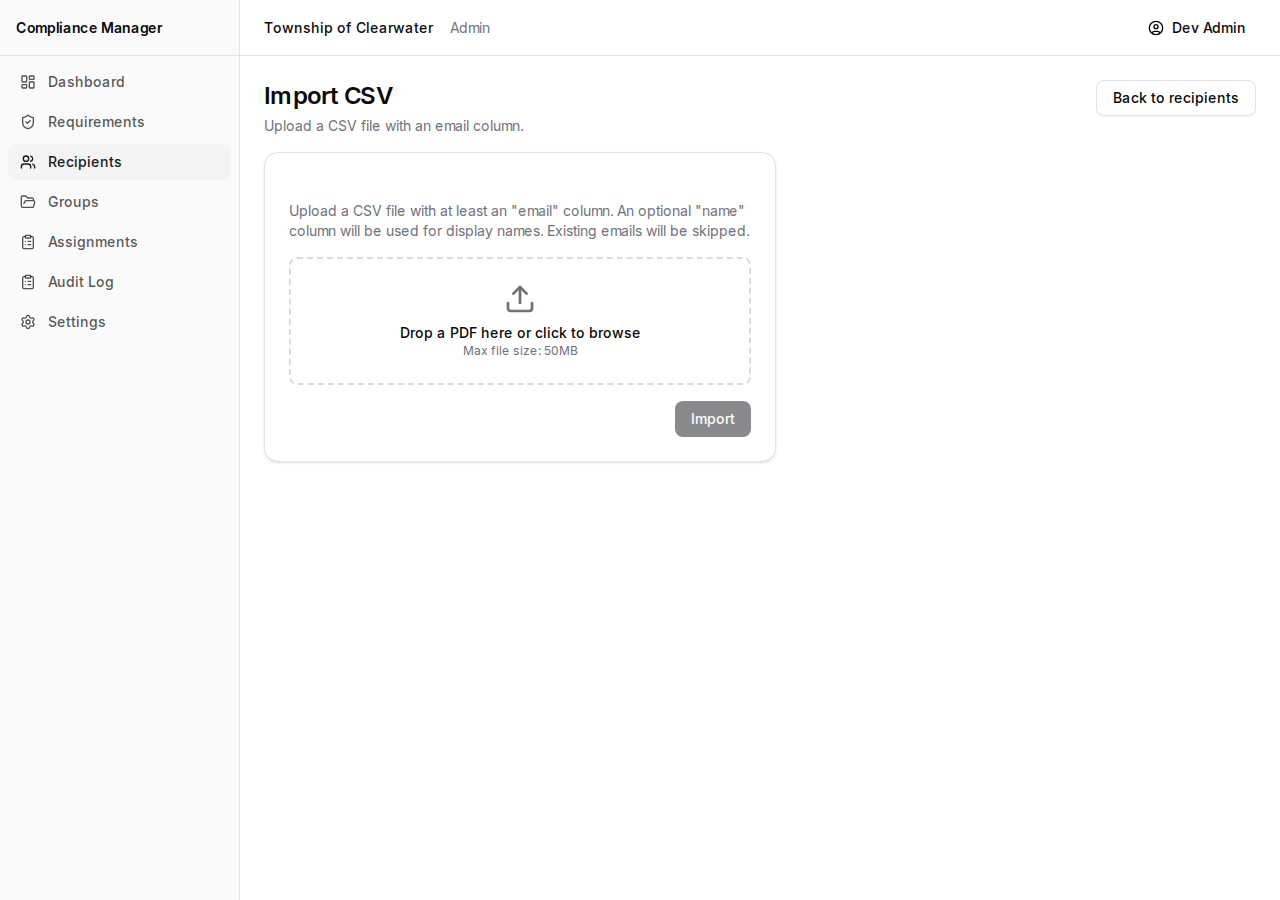 CSV import page