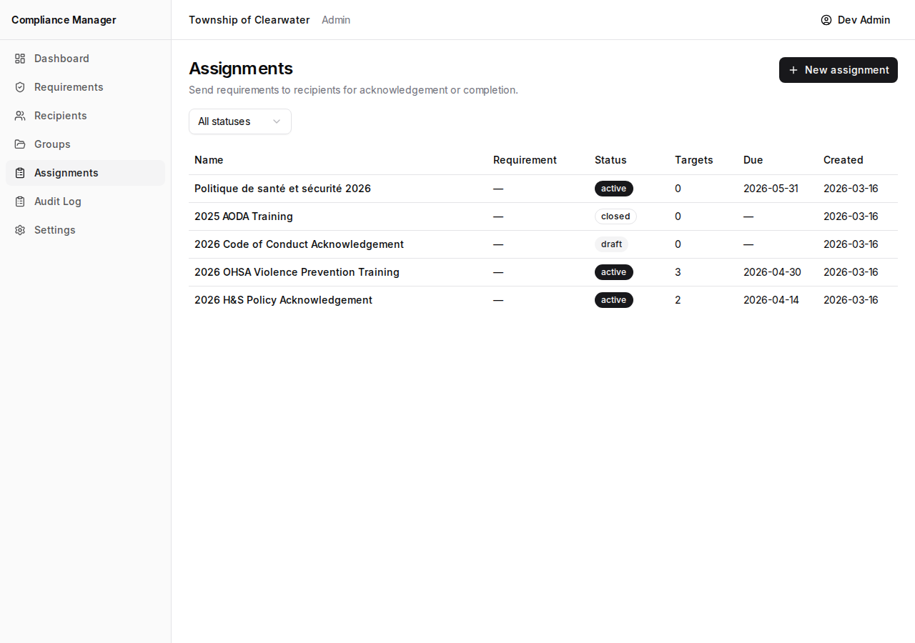 Assignments list page