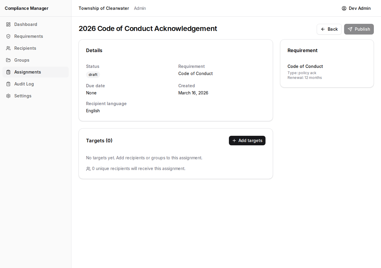 Draft assignment detail page