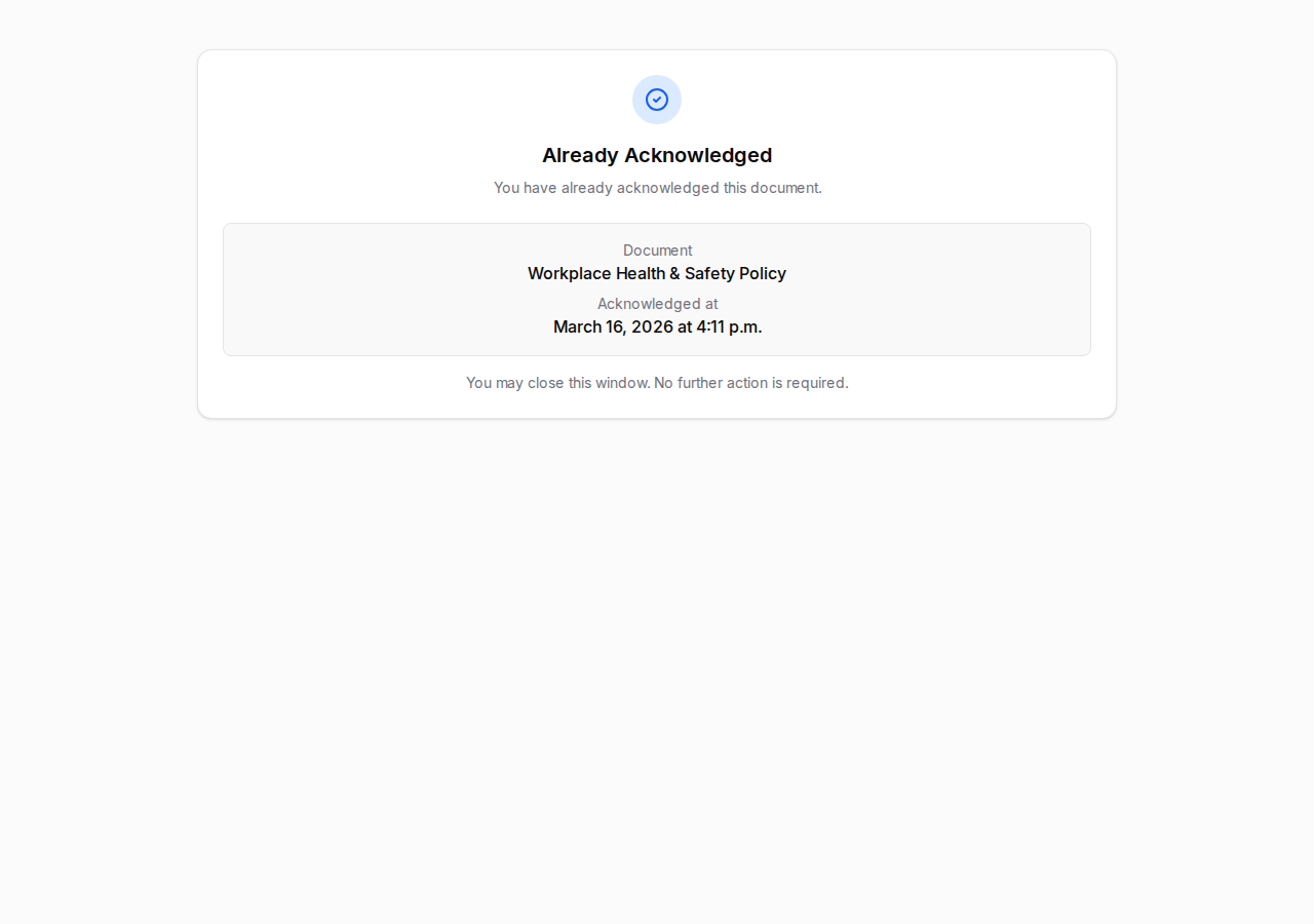Acknowledgement page showing the document to review and the acknowledge button