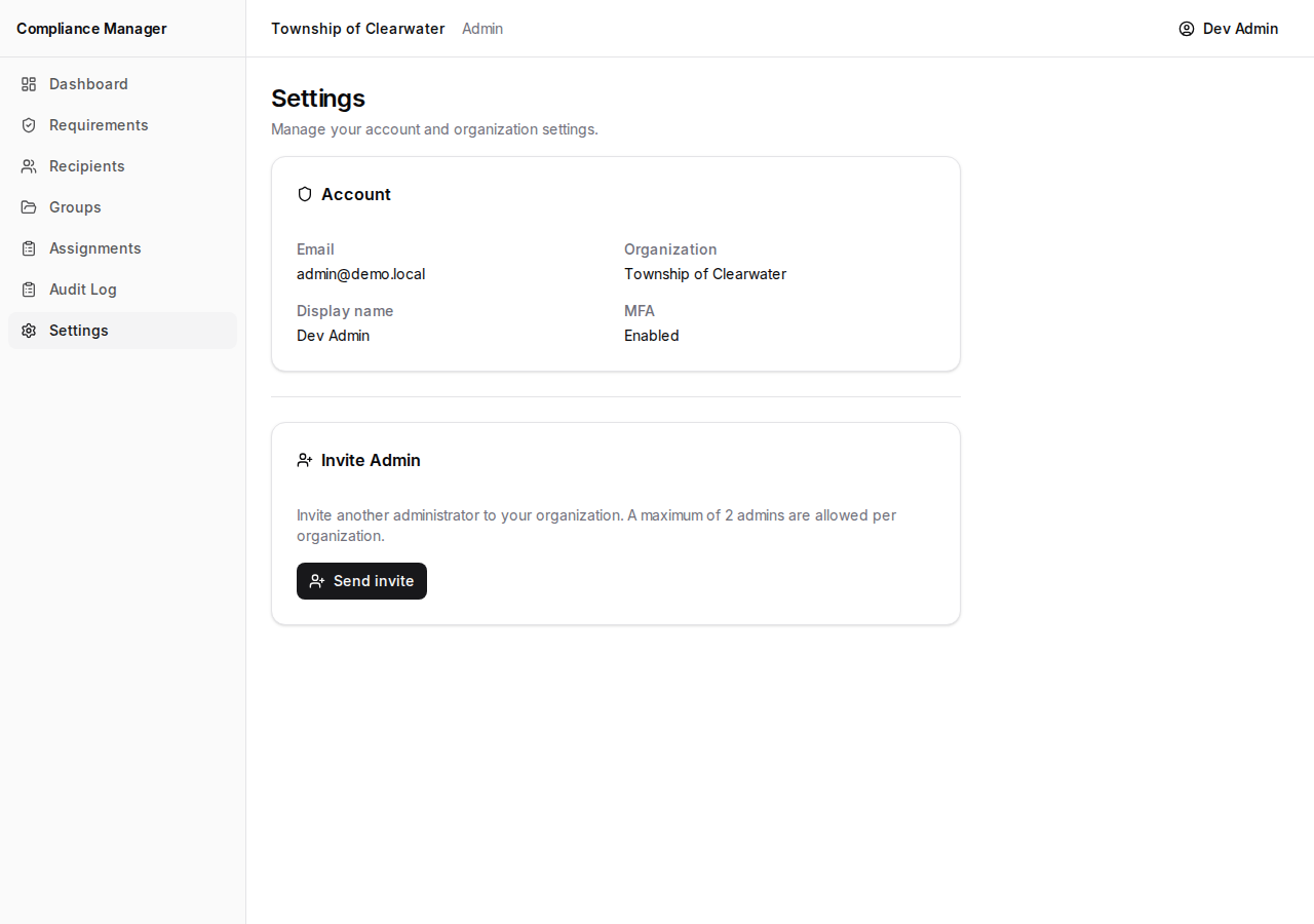 Settings page showing account information and the invite section